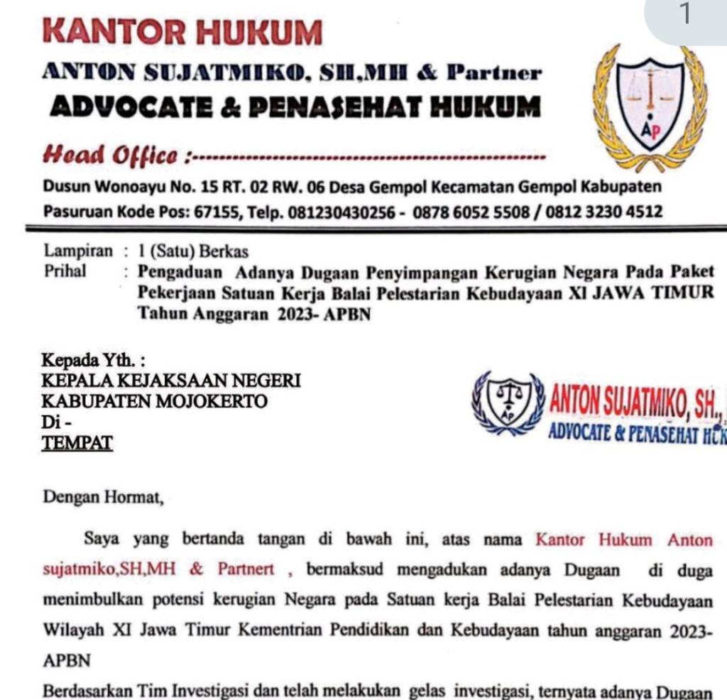 Balai Pelestarian Kebudayaan Wilayah XI Jatim Diadukan ke Kejaksaan, 13 Proyek Diduga Sarat Dugaan Korupsi